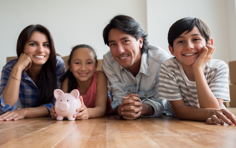 family with piggy bank